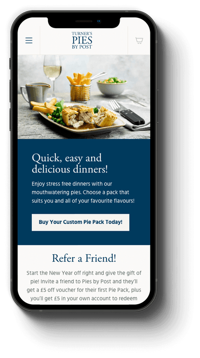 Mobile device viewing Turner's Pies by Post's website.'