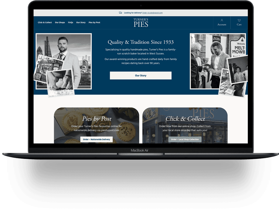 Mobile device viewing Turner's Pies by Post's website.'