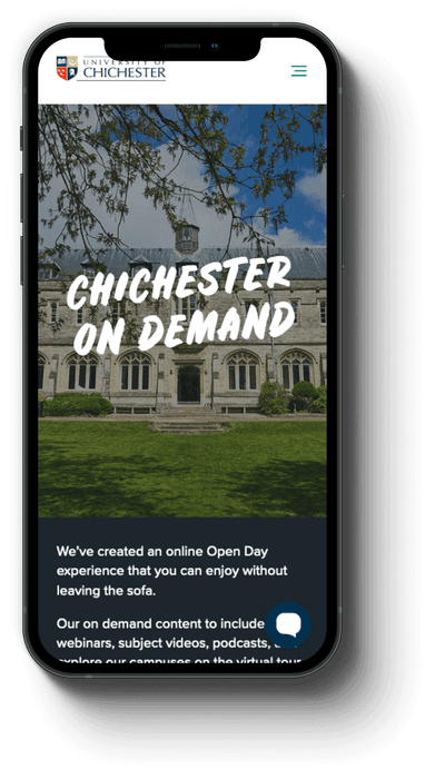 Mobile device viewing Chichester University's website.'