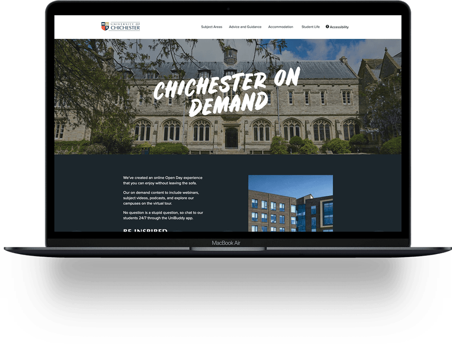 Mobile device viewing Chichester University's website.'